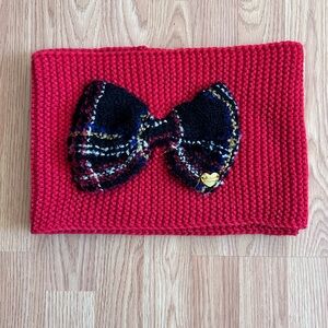 Betsey Johnson Red Knitted Scarf with Black Plaid Bow